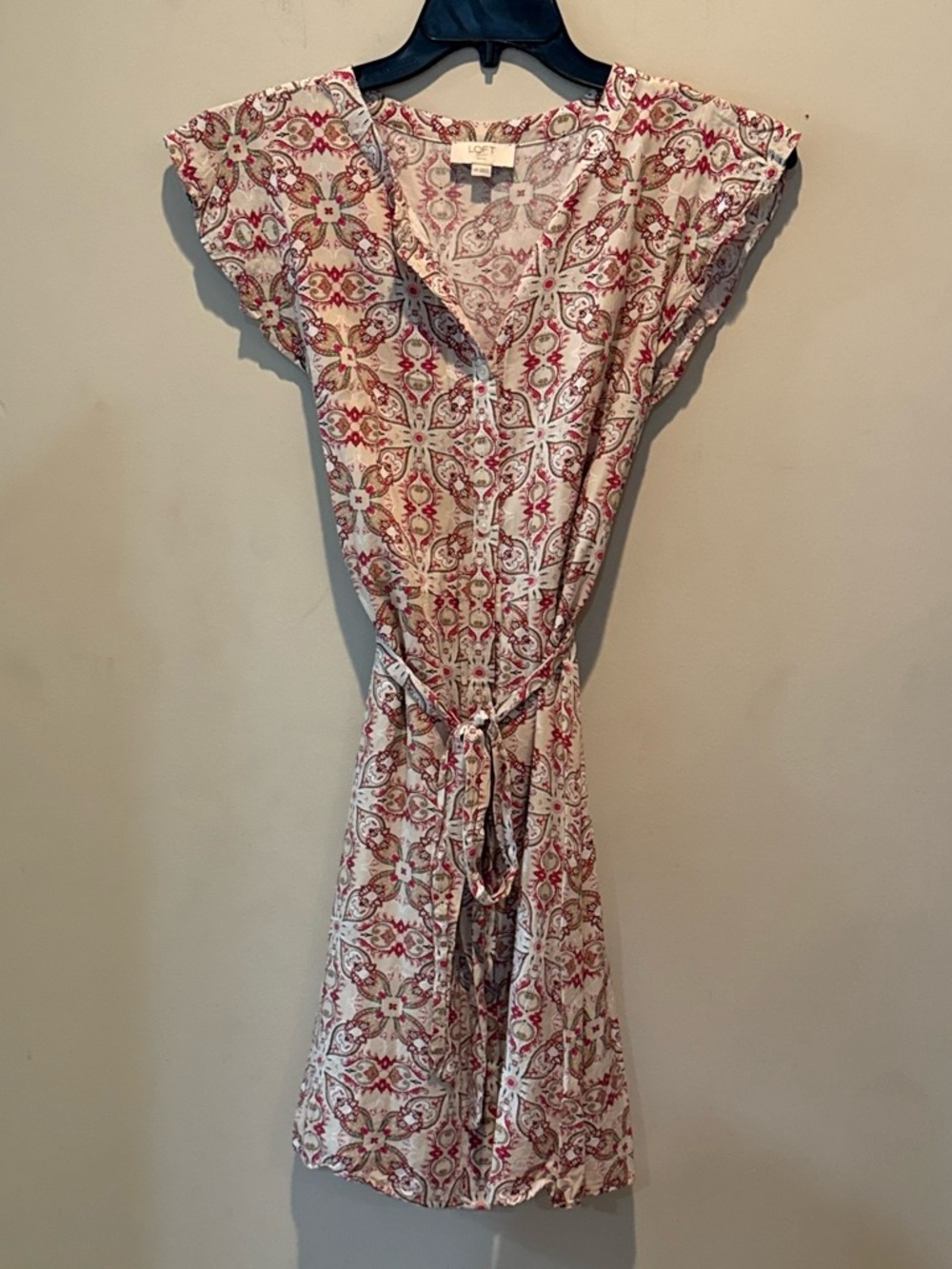 LOFT Cream and Pink Printed Tie-Front Midi Dress